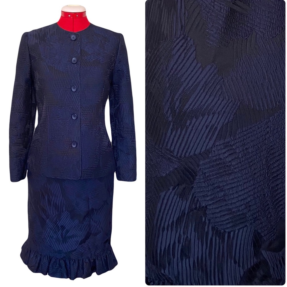 Christian Ruperto Alta Moda Skirt Suit Navy Blue Embroidered Ruffle Hem Black